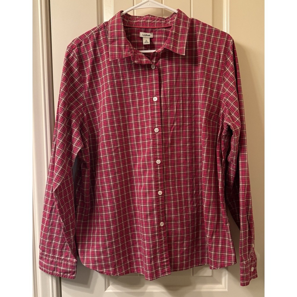 L.L.Bean Women's XL Red Plaid Button Down Shirt Stretch Long Sleeve Preppy